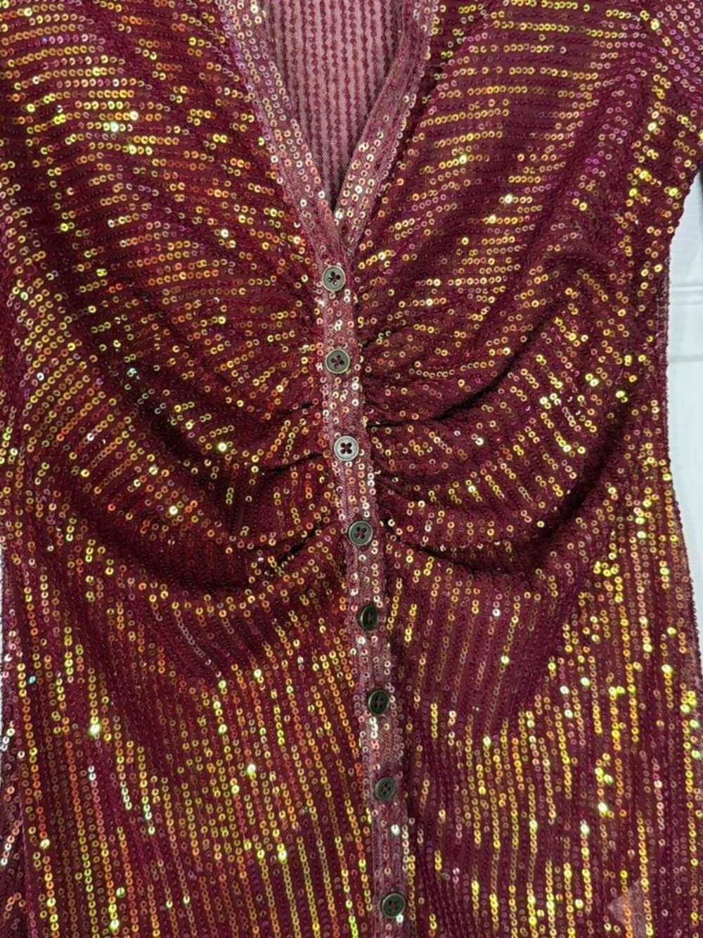 Free People Sequin Shirtee Top In Dark Rhubarb Size Large - Picture 6 of 7